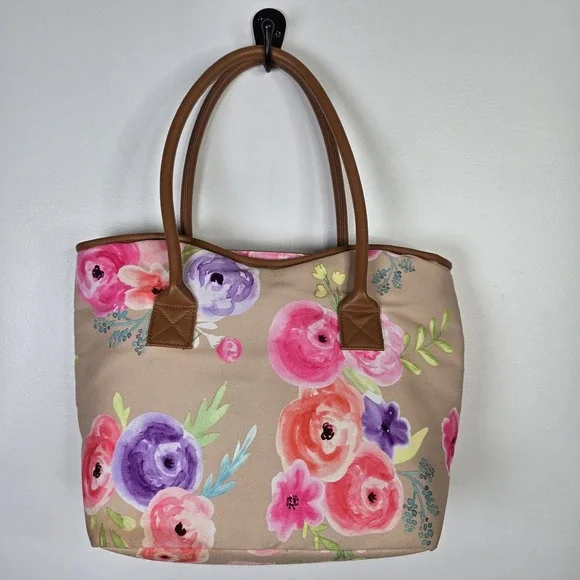 Tupperware Tote Bag Womens Large Tan Pink Floral Flower Print Shoulder Handbag - Picture 2 of 7